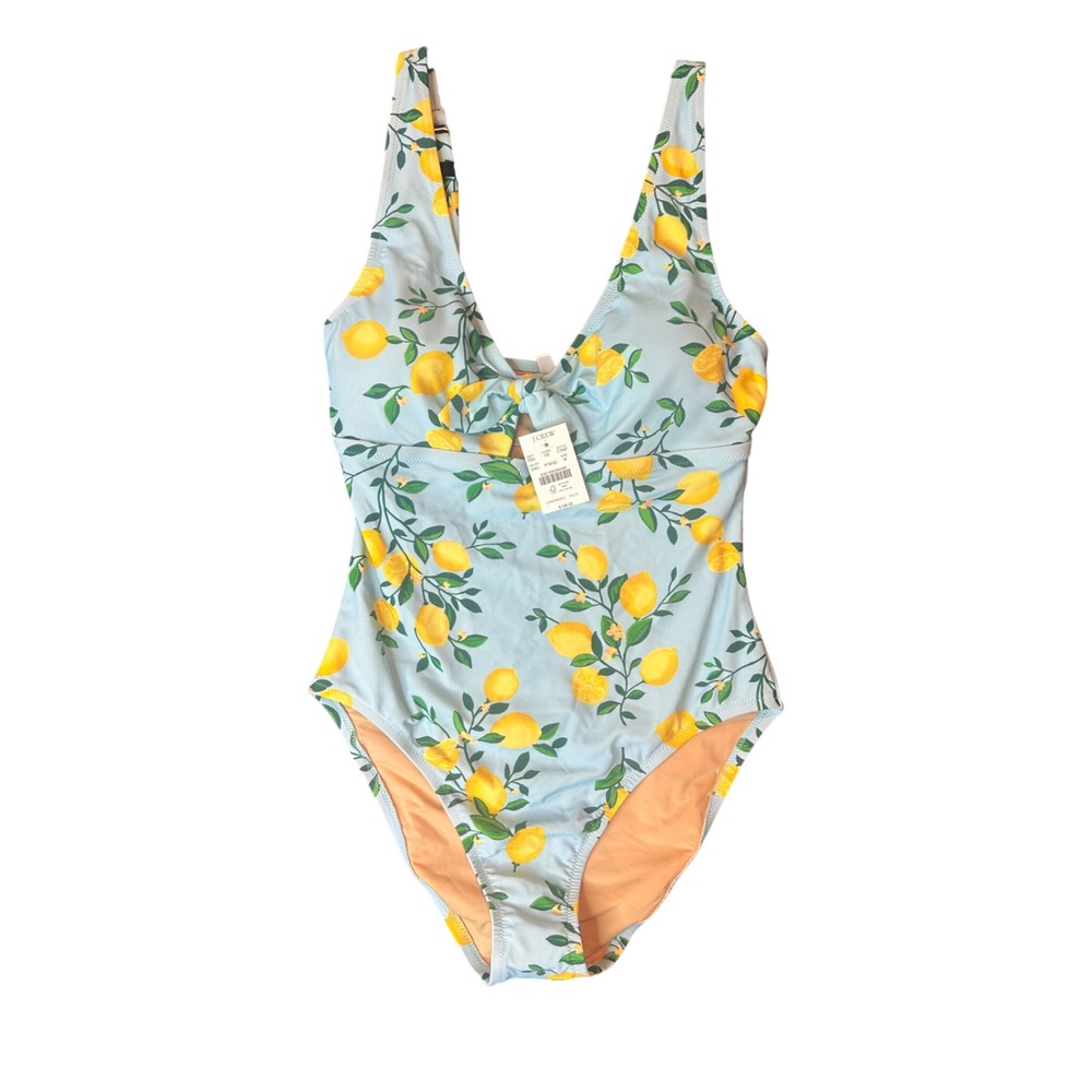 J.Crew Lemon Print One Piece Swimsuit Blue Yellow V-Neck Tie Front CT547 Mens M